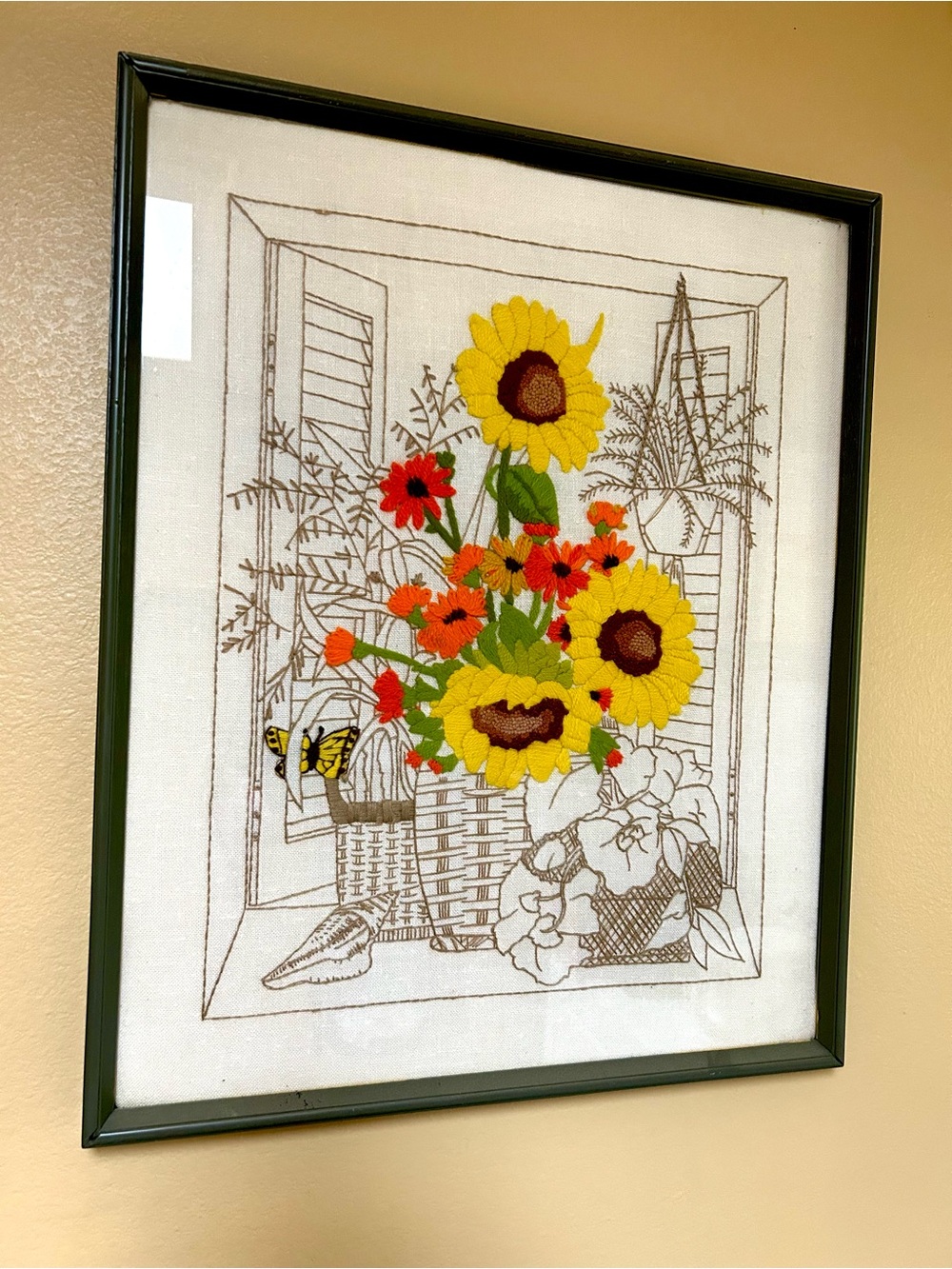 Large Floral Needlework with Orange,Yellow Flowers Handmade 1970 22x18